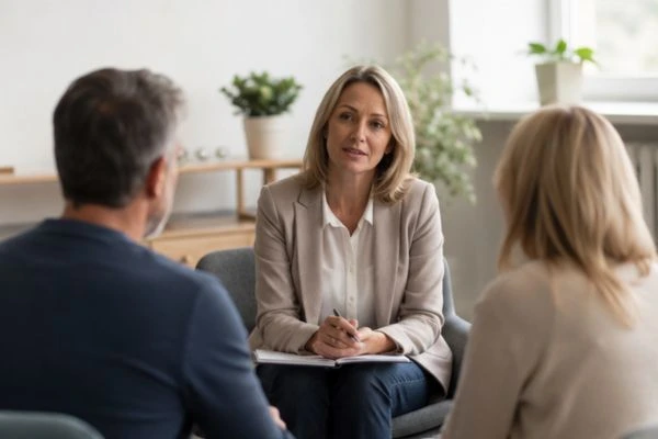Couple discussing financial arrangement , pensions in divorce Wigan